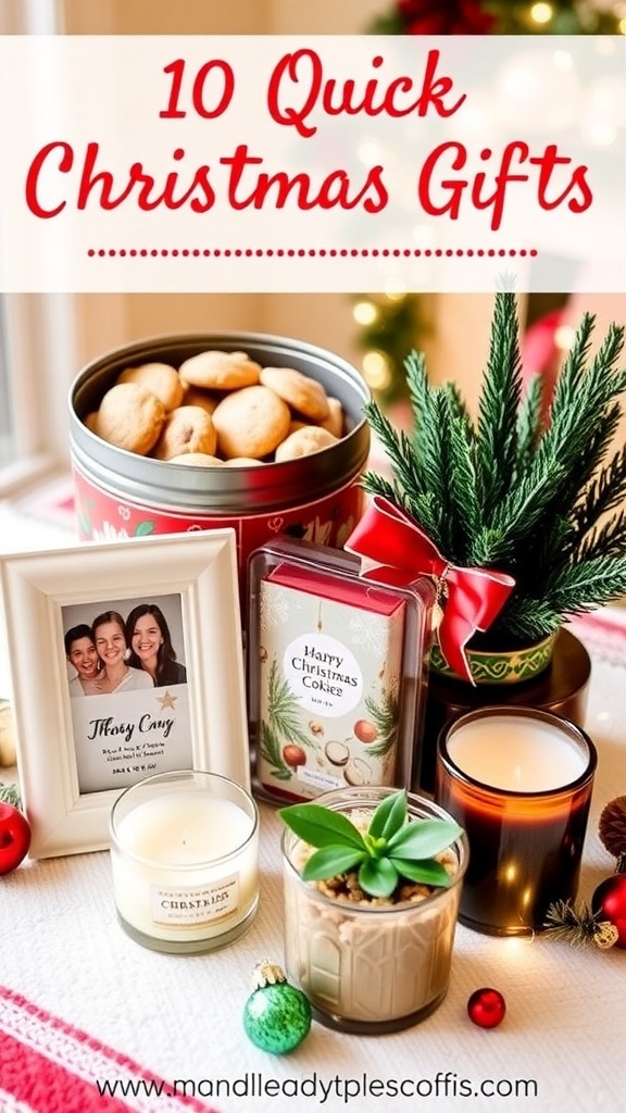 A collection of quick Christmas gifts including cookies, a photo frame, a candle, and a plant on a festive table.